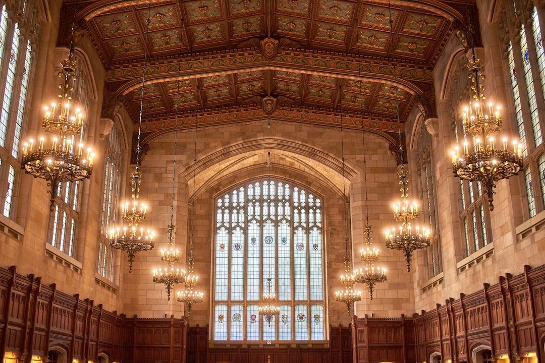 chandeliers inside buiding, University of Michigan Law Library.