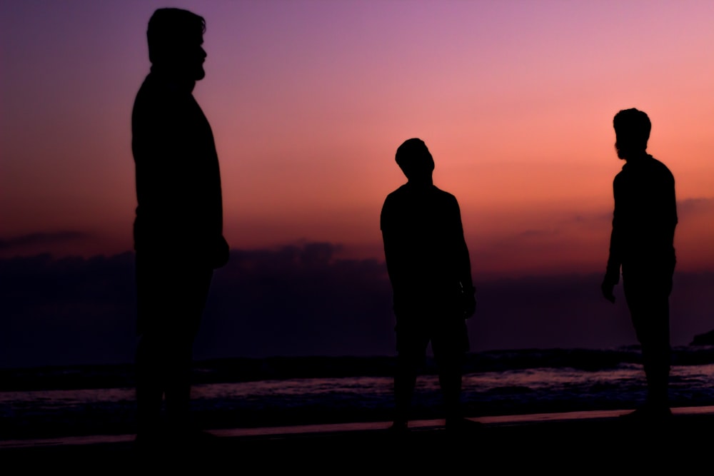 silhouette of tree person near seashore during sunset