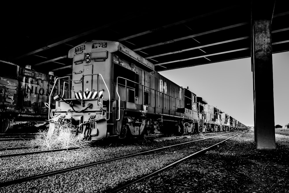 grayscale photography of train on station