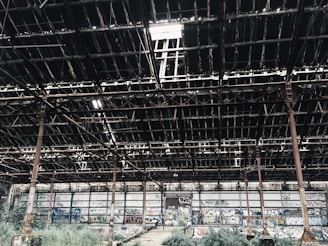 An abandoned industrial warehouse with a partially collapsed roof, featuring exposed metal beams and rusty columns. The walls are covered in colorful graffiti, and overgrown vegetation is visible on the ground.