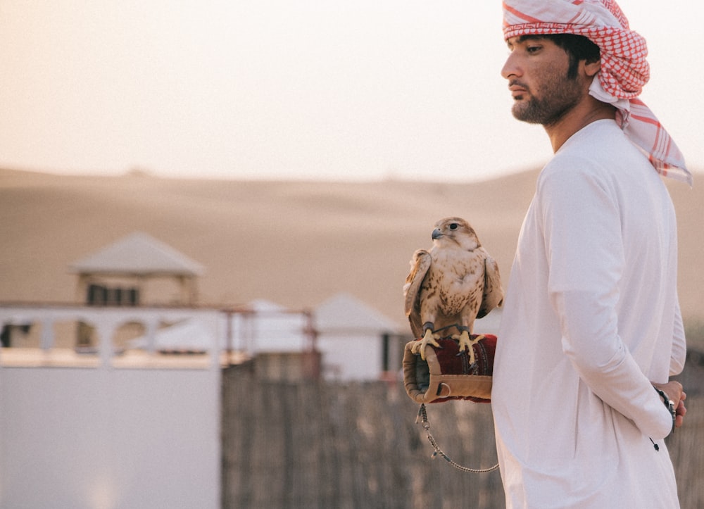 man standing beside eagle during daytime