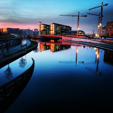 Twilight shot of a city infrastructure project emphasizing precision and scale.
