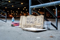 A cardboard sign with handwritten text that reads 'Need Some $ Help Used Books' is propped against a metal railing. Nearby, there is a plastic cup labeled 'Help' with a dollar sign, a bottle of water, and a stack of books. The scene is set under an overpass with blurred lights and parked cars in the background.