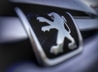 Close-up view of a metallic emblem featuring a lion, possibly on the front grille of a vehicle, with a sleek and modern design.
