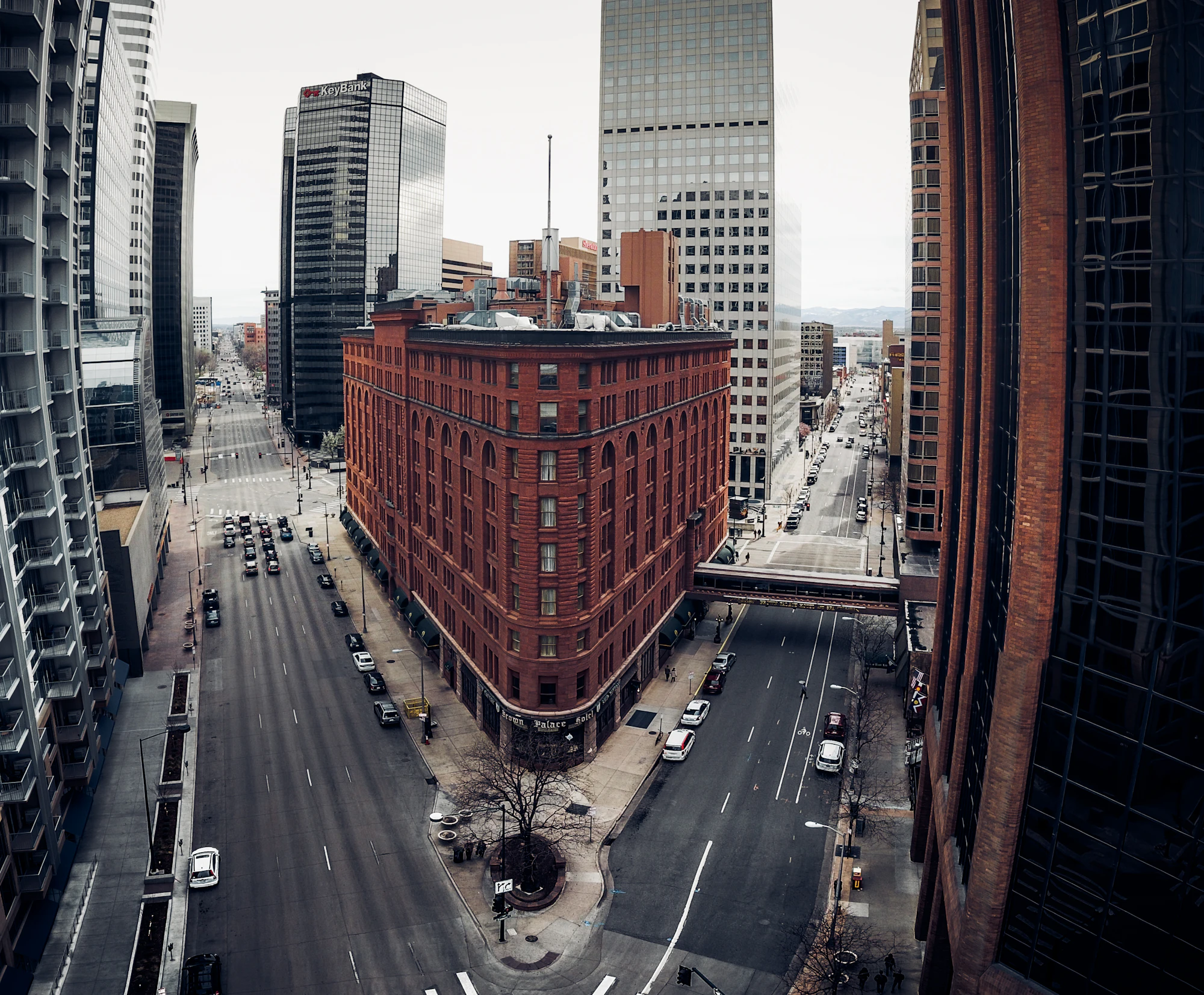 Moody high-rise building in central Denver