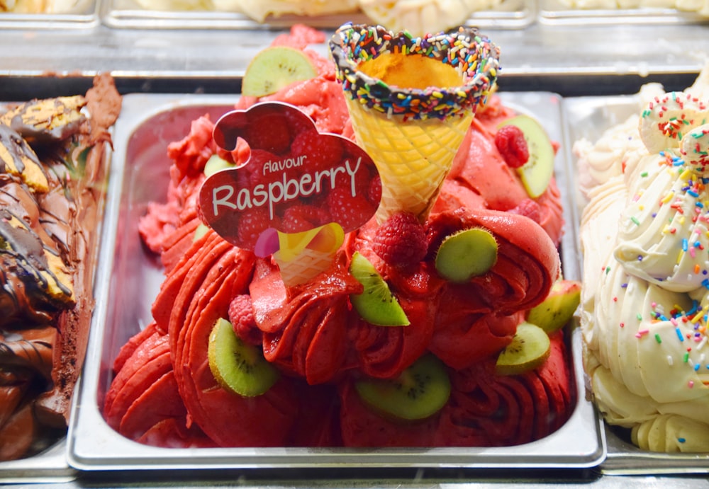 red Raspberry desert on gray tray