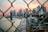 A view of a city skyline framed by chain-link fencing in the foreground. The scene captures a busy highway with cars, the iconic Brooklyn Bridge, and towering skyscrapers, all set against a dramatic sunset sky with hues of pink and orange.