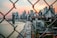 A view of a city skyline framed by chain-link fencing in the foreground. The scene captures a busy highway with cars, the iconic Brooklyn Bridge, and towering skyscrapers, all set against a dramatic sunset sky with hues of pink and orange.