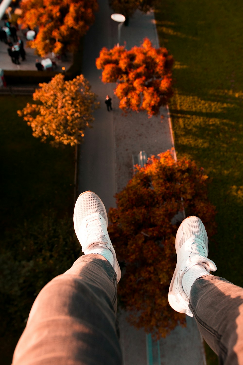 man wearing gray denim pants and white shoes over tree and green grass field