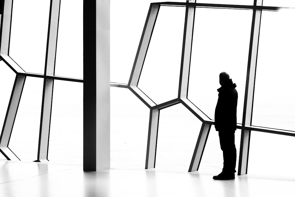 silhouette photo of person standing near window