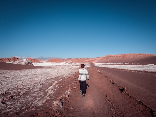 woman walking along dessert under blue sky during daytime in Valle de la Luna Chile