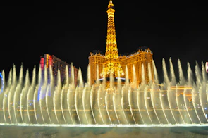 The mesmerizing Bellagio fountains erupting in a choreographed water show under the night sky