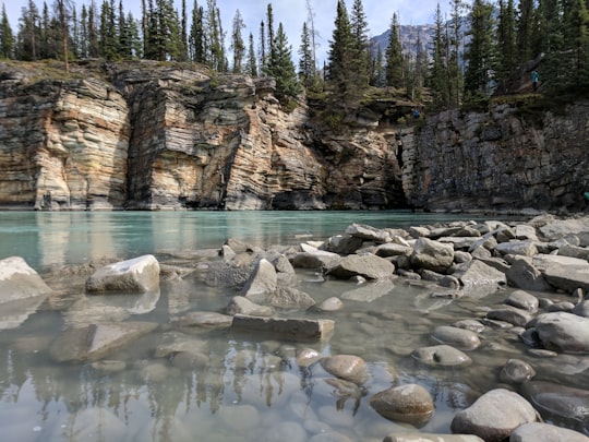 stone and rocks covered with river in Athabasca Falls Canada