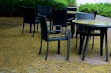 Outdoor hotel seating area with tables and chairs surrounded by greenery