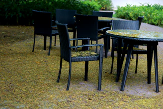 Outdoor patio with weather-resistant furniture surrounded by greenery.
