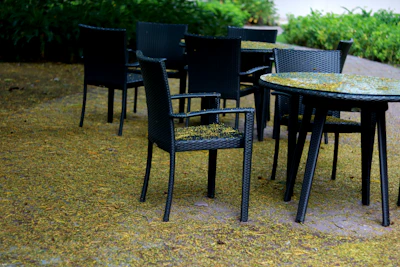 Outdoor patio with weather-resistant furniture surrounded by greenery.