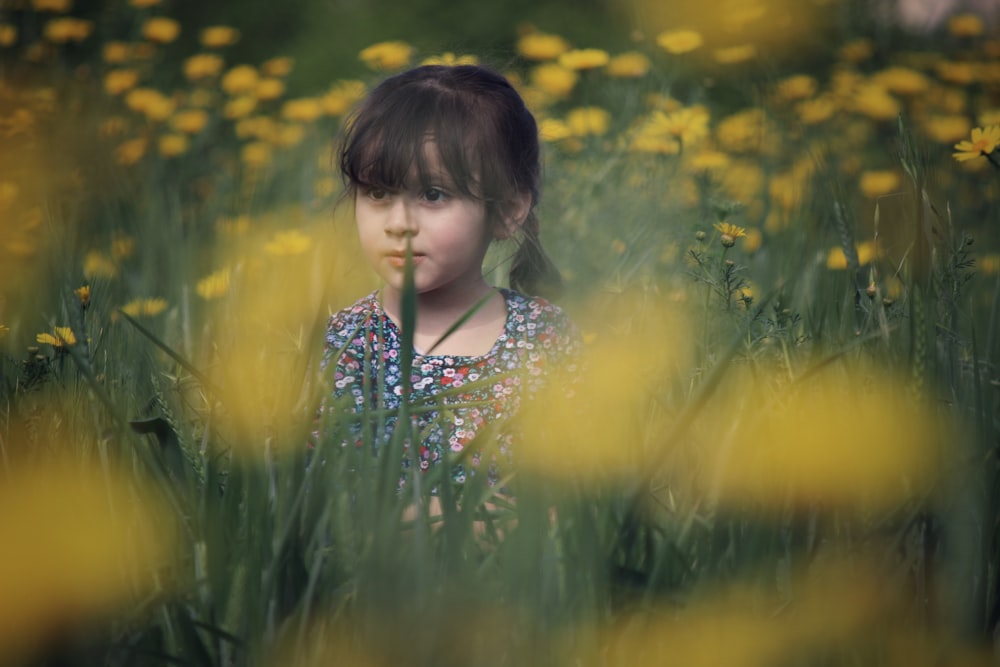 girl wearing multicolored top on yellow petaled flower field