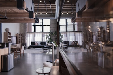 Spacious loft with large windows and stylish furniture