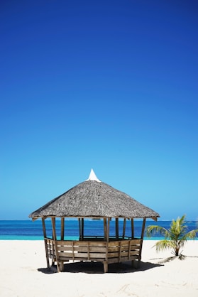 brown wooden nipa hut on white sand near body of water