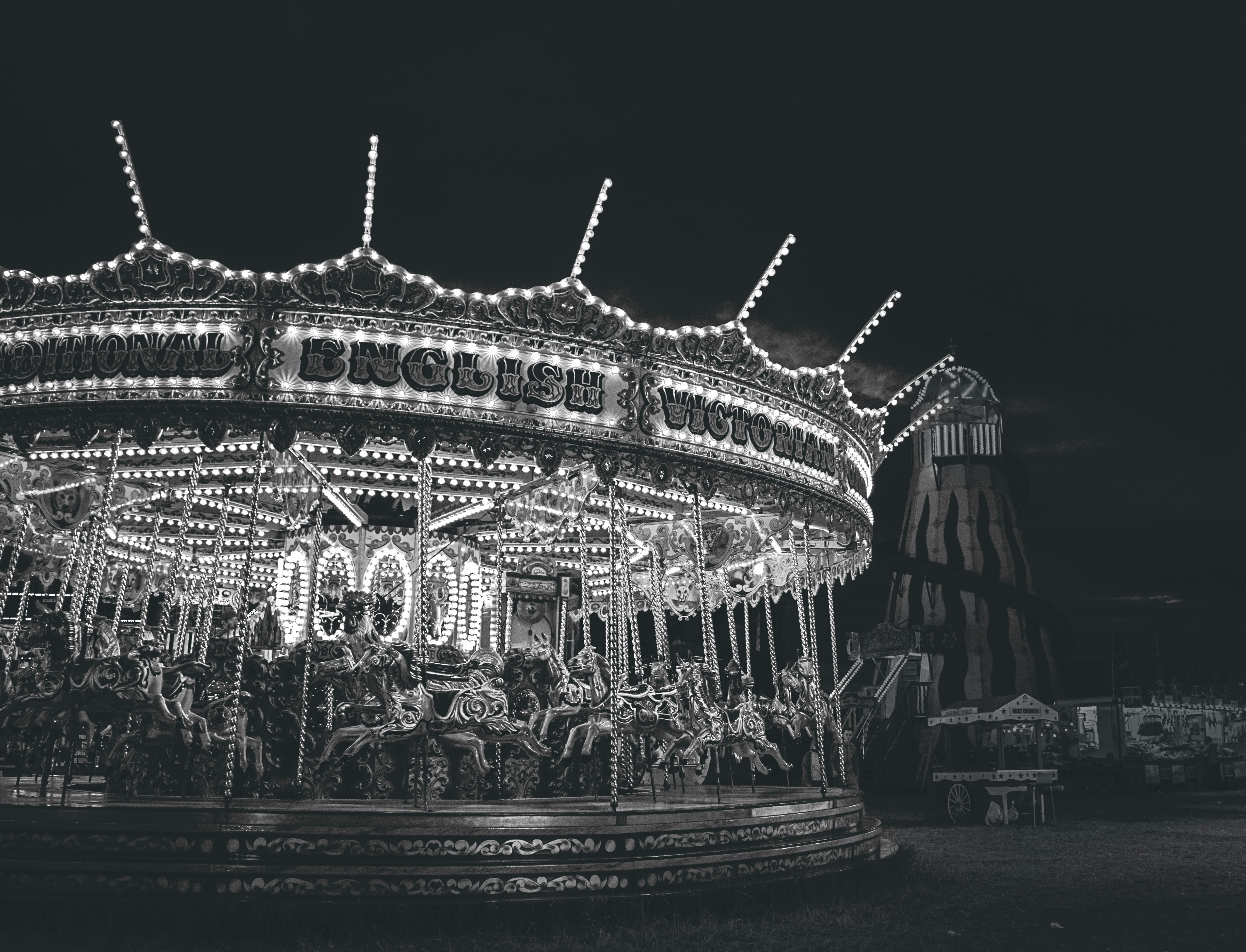 grayscale photo of carousel