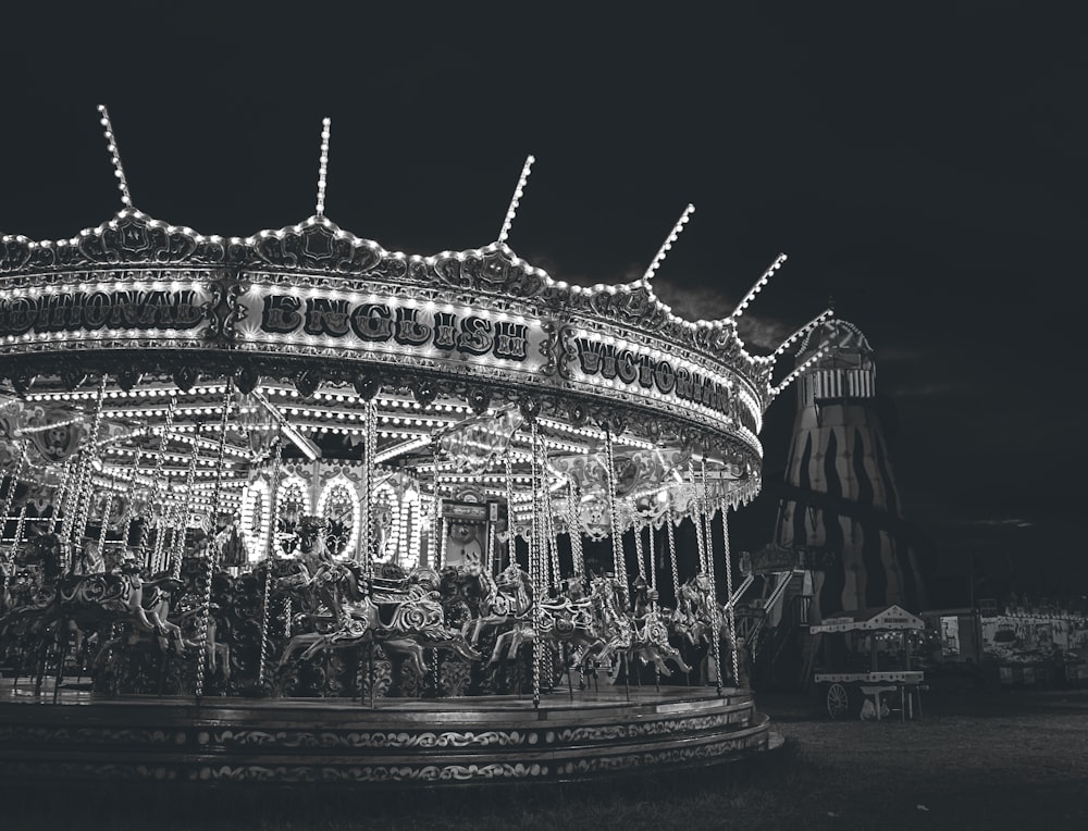 grayscale photo of carousel