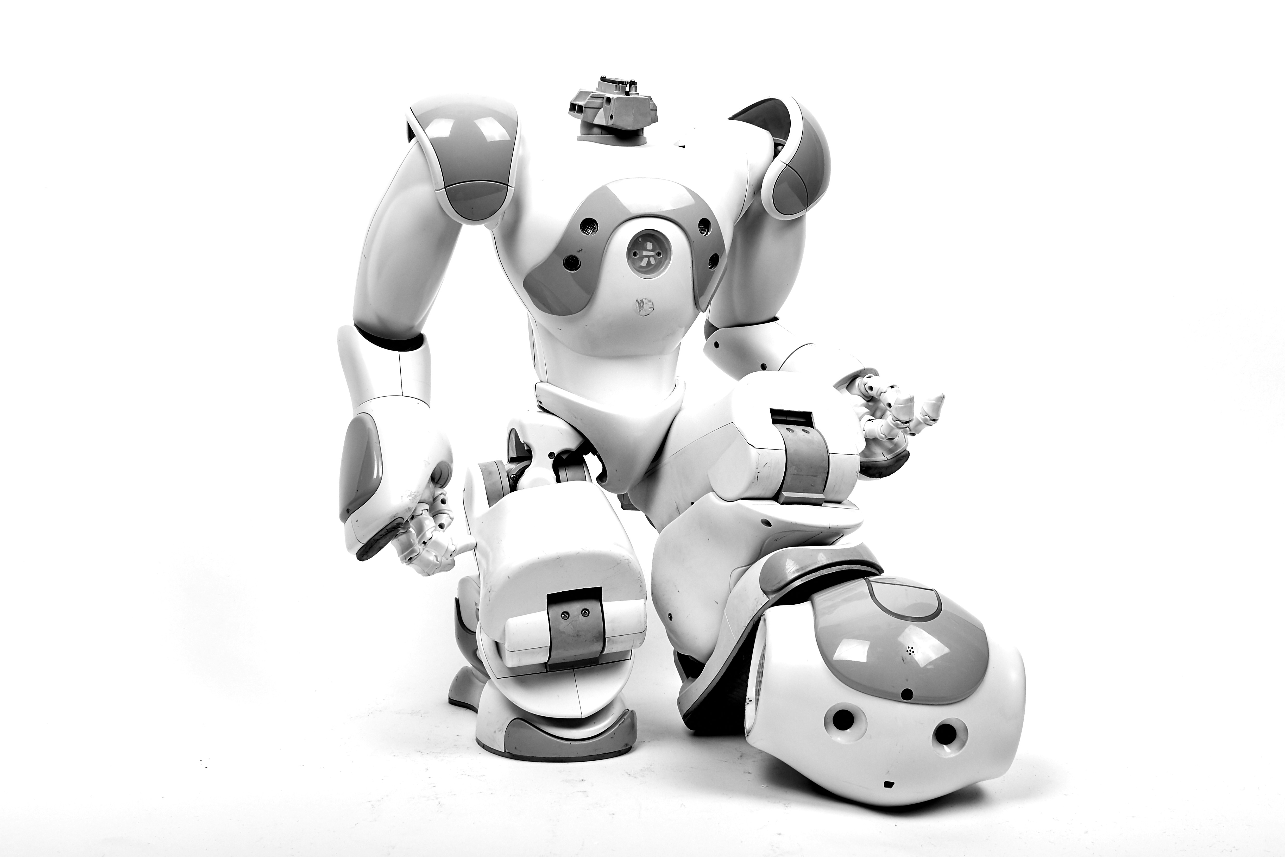 Branimo RoboSapien white and gray robot on white background