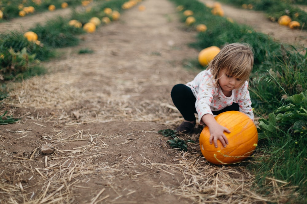 girl holding pumpkin beside green bushes during daytime