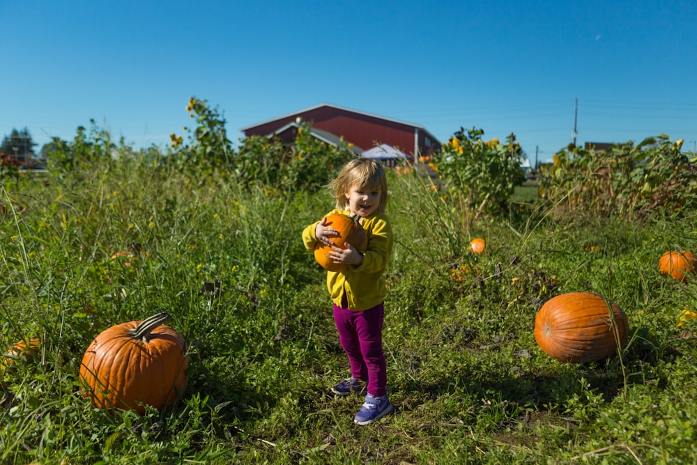 girl hugging pumpkin while standing on grassland under blue sky at daytime