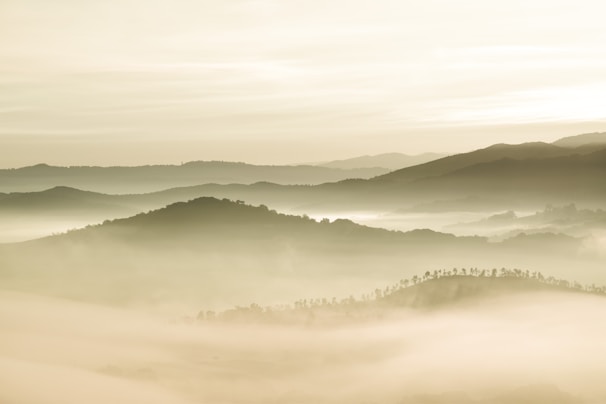A minimalist landscape featuring mist rolling over quiet hills at dawn.