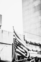 An American flag waves in the forefront, set against the backdrop of modern urban architecture. The black-and-white filter accentuates stark contrasts and lines.