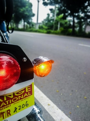 The image displays a close-up of a motorcycle's rear section featuring a red taillight and an orange indicator light. A license plate with text is partially visible. The background includes a road and blurred greenery, suggesting a roadside environment.