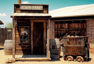 A rustic, wooden shack labeled 'Miner Shak' sits in a dusty, old-west setting. The structure is flanked by large wooden barrels, and an old metal mining cart filled with rocks is positioned to the right. The surroundings include a wooden fence and a brick building, under the bright and clear sky.