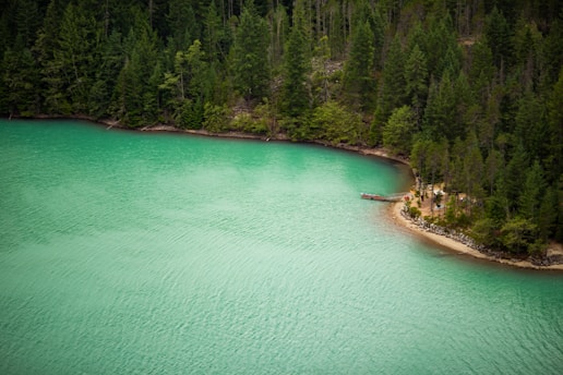 A serene lake with turquoise water curves around a small sandy beach surrounded by dense evergreen forest. A lone canoe is docked on the shore, and a few people can be seen enjoying the natural scenery.
