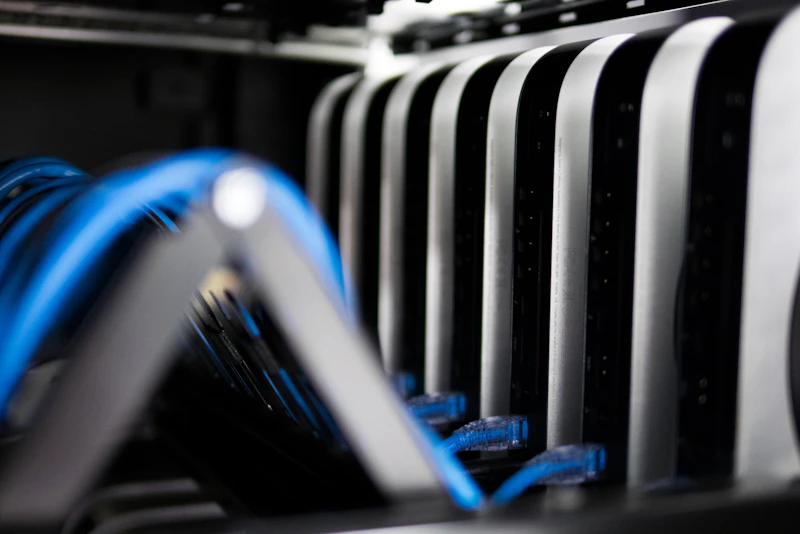Close-up of organized network cables in a server rack