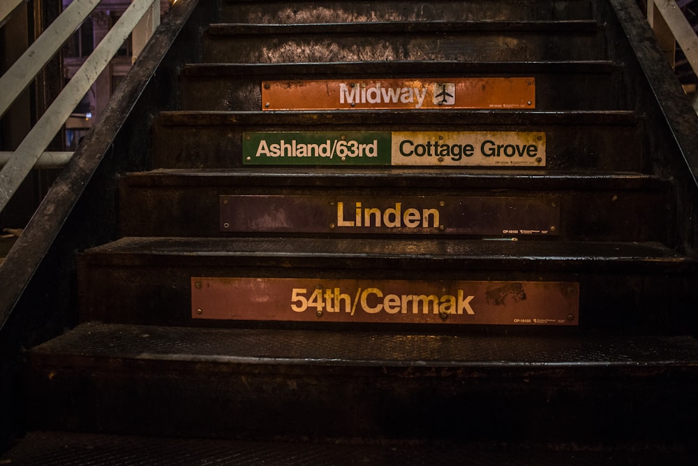 black wooden stars with road signage on each steps