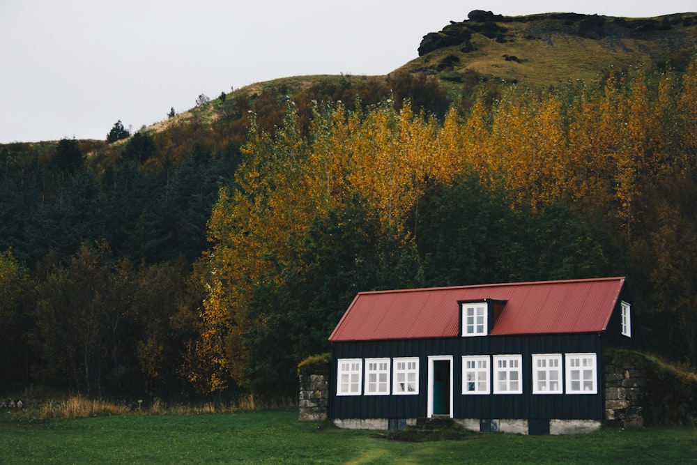 Casa de madera negra y roja cerca de la montaña