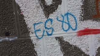 Graffiti on a textured wall featuring the letters 'ES 80' in blue, with white and red paint patches.