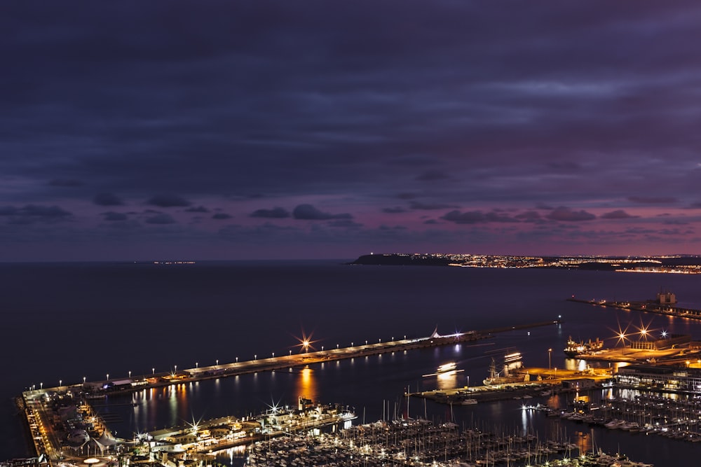 aerial photography of lighted buildings at night