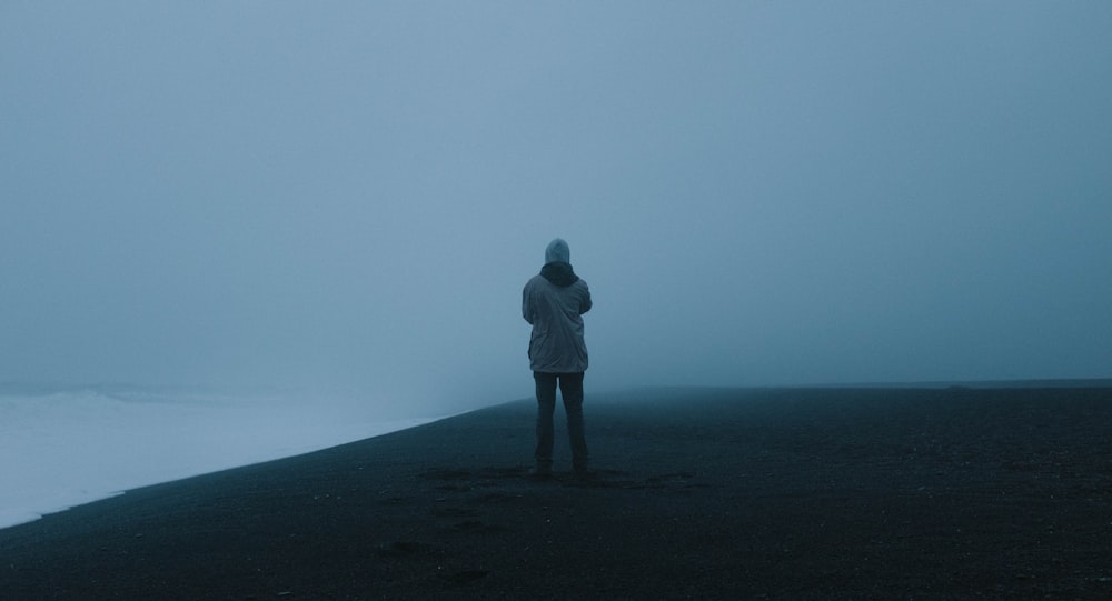 person standing on hill covered by fog