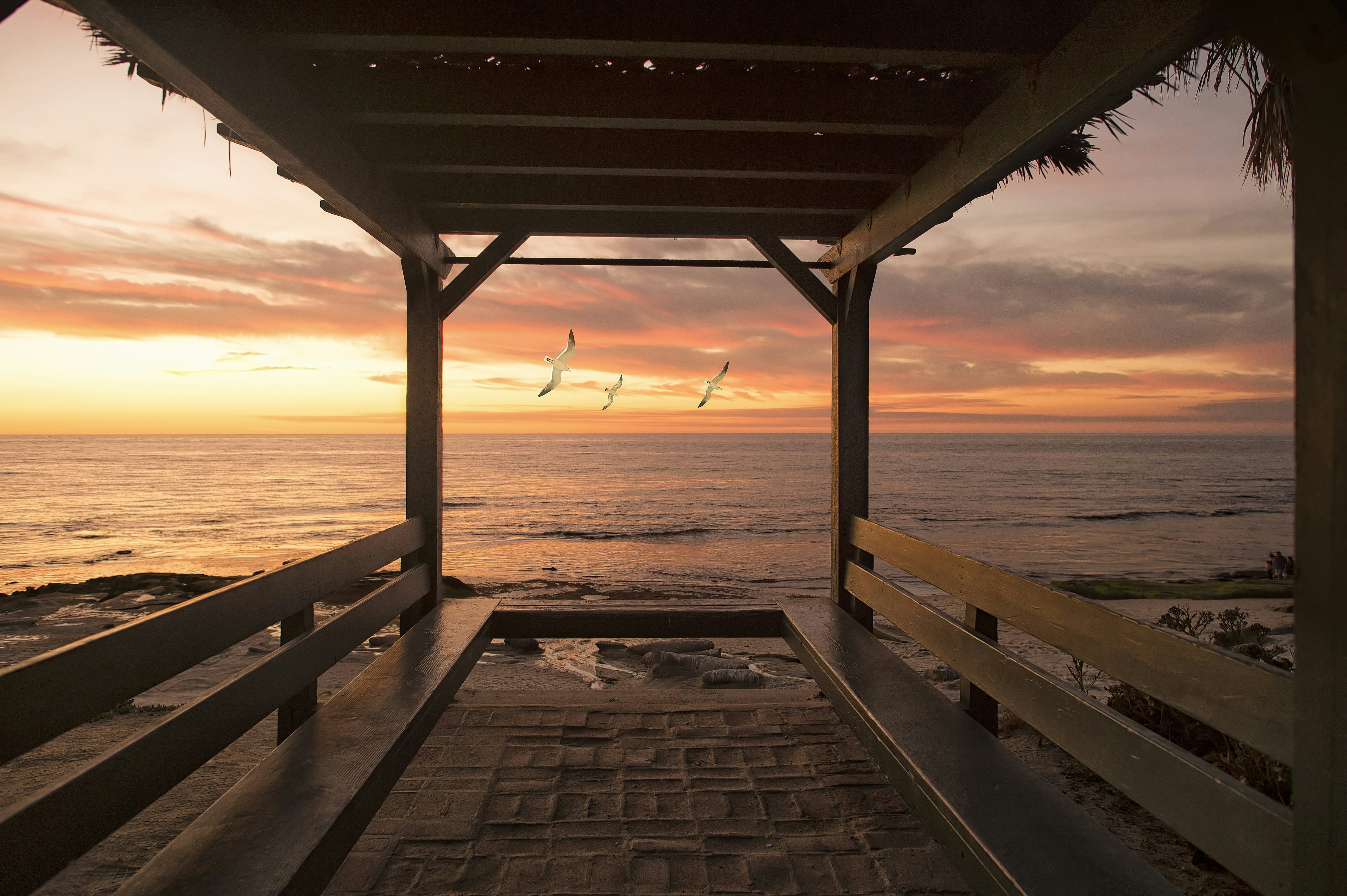 brown wooden hut beside seashore during orange sunset