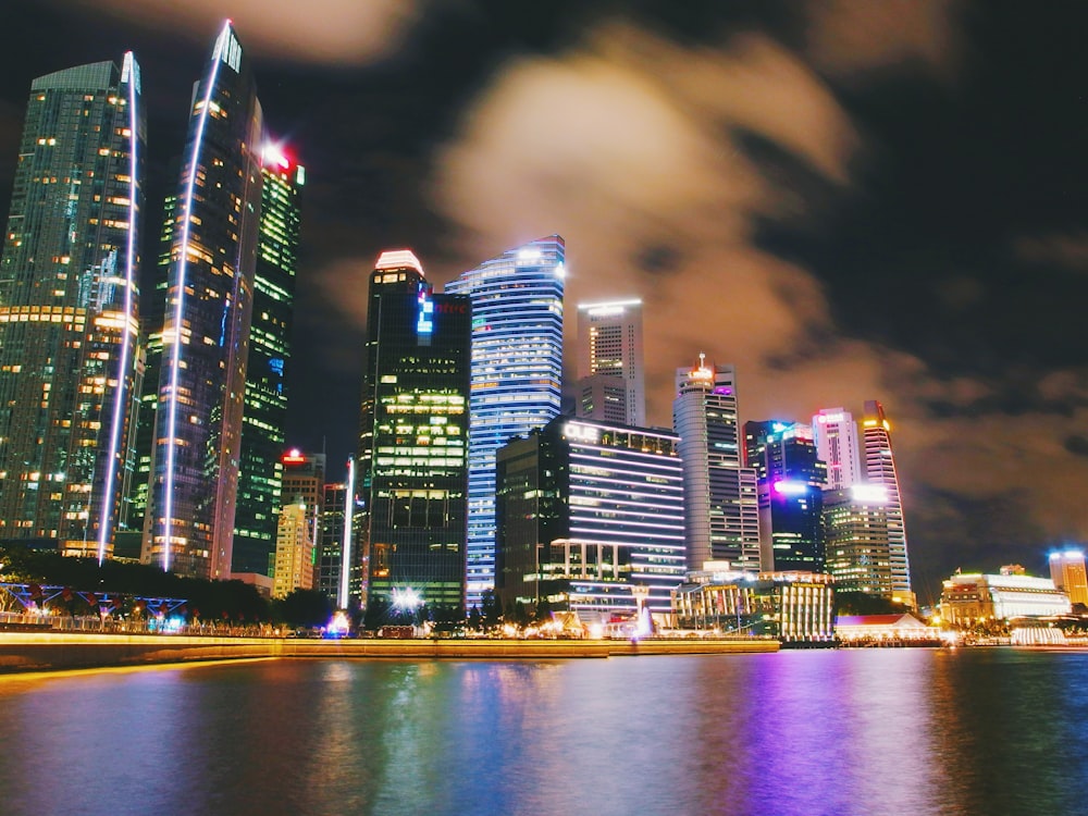 lighted buildings at night