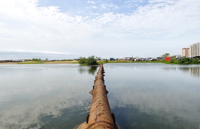 A large rusted pipeline extends across a calm body of water, dividing the scene with a clear reflection on the water's surface. In the background, there are green bushes and trees, with a mix of industrial structures and apartment buildings. The sky is mostly clear with scattered clouds.