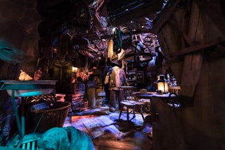 An intricately cluttered space resembling a workshop or storage room with dim lighting. Various objects hang from the ceiling, including tools and baskets. A figure stands in the center, surrounded by rustic wooden furniture and antique items like lanterns and crates, creating a mysterious, vintage atmosphere.
