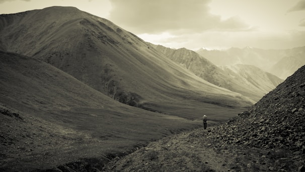 A person walks alone on a narrow path between towering mountains, surrounded by a vast and rugged landscape. The atmosphere is serene and the environment expansive.