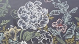 A detailed, ornate illustration of various flowers and leaves with intricate line work. The composition includes large flowers resembling peonies and lilies, with additional smaller flowers and various leaves surrounding them. The background is a dark color, which contrasts with the lighter outlines and shading of the flowers.