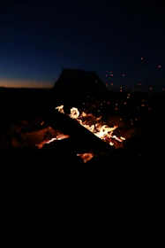 A glowing campfire flickering under a star-filled sky with silhouettes of adventurers.