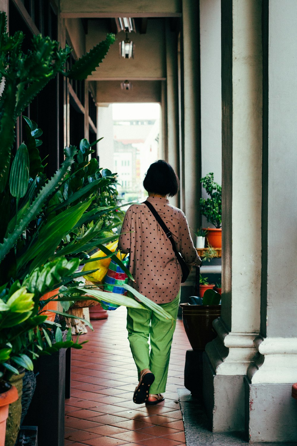 woman walking near plants