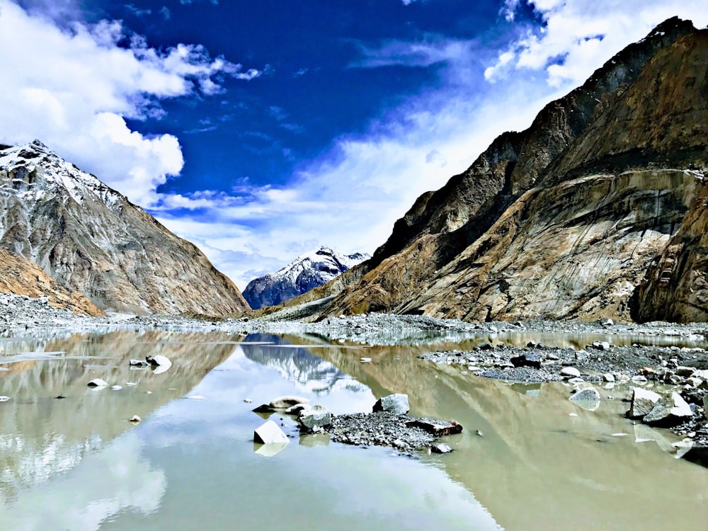 body of water beside mountains