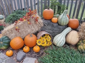 A rustic arrangement of autumn-themed items including pumpkins of various sizes and colors, a green-striped gourd, and sunflowers spilling out of a tipped basket. Straw bales and brown leaves add texture, while stones and greenery provide a natural backdrop.