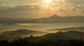 A serene landscape photo capturing mist rolling over Swiss hills at sunrise.